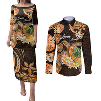 Personalised Aloha Hawaii Lanai Island Couples Matching Puletasi and Long Sleeve Button Shirt Pineapple Isle Map Sea Turtle Plumeria LT14 Orange - Polynesian Pride