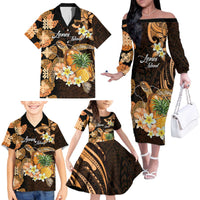 Personalised Aloha Hawaii Lanai Island Family Matching Off The Shoulder Long Sleeve Dress and Hawaiian Shirt Pineapple Isle Map Sea Turtle Plumeria