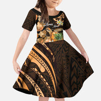 Personalised Aloha Hawaii Lanai Island Family Matching Off Shoulder Maxi Dress and Hawaiian Shirt Pineapple Isle Map Sea Turtle Plumeria LT14 Daughter's Dress Orange - Polynesian Pride