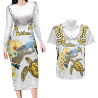 Personalised Aloha Hawaii Niihau Island Couples Matching Long Sleeve Bodycon Dress and Hawaiian Shirt Forbidden Isle Map Shell Lei
