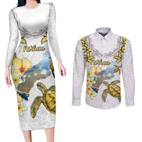 Personalised Aloha Hawaii Niihau Island Couples Matching Long Sleeve Bodycon Dress and Long Sleeve Button Shirt Forbidden Isle Map Shell Lei