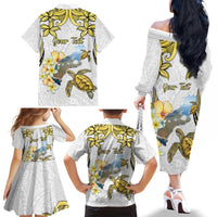Personalised Aloha Hawaii Niihau Island Family Matching Off The Shoulder Long Sleeve Dress and Hawaiian Shirt Forbidden Isle Map Shell Lei