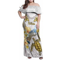 Personalised Aloha Hawaii Niihau Island Family Matching Off Shoulder Maxi Dress and Hawaiian Shirt Forbidden Isle Map Shell Lei LT14 Mom's Dress Yellow - Polynesian Pride