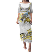 Personalised Aloha Hawaii Niihau Island Family Matching Puletasi and Hawaiian Shirt Forbidden Isle Map Shell Lei LT14 Mom's Dress Yellow - Polynesian Pride