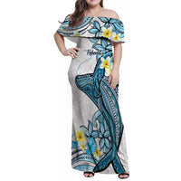 Personalised Aloha Hawaii Kahoolawe Island Family Matching Off Shoulder Maxi Dress and Hawaiian Shirt Target Isle Map With Humpback Whale LT14 Mom's Dress Blue - Polynesian Pride