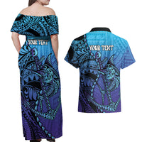Personalised Polynesia Blue Marlin Fishing Couples Matching Off Shoulder Maxi Dress and Hawaiian Shirt Marlin Anchor Tattoo Polynesian Pattern