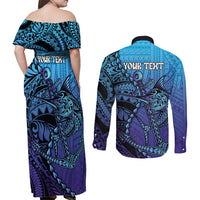 Personalised Polynesia Blue Marlin Fishing Couples Matching Off Shoulder Maxi Dress and Long Sleeve Button Shirt Marlin Anchor Tattoo Polynesian Pattern