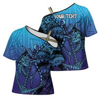 Personalised Polynesia Blue Marlin Fishing Cross Shoulder Shirt Marlin Anchor Tattoo Polynesian Pattern