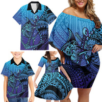 Personalised Polynesia Blue Marlin Fishing Family Matching Off Shoulder Short Dress and Hawaiian Shirt Marlin Anchor Tattoo Polynesian Pattern LT14 - Polynesian Pride