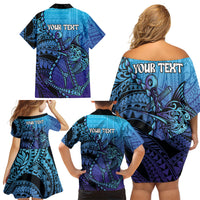 Personalised Polynesia Blue Marlin Fishing Family Matching Off Shoulder Short Dress and Hawaiian Shirt Marlin Anchor Tattoo Polynesian Pattern LT14 - Polynesian Pride