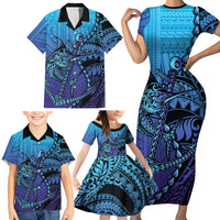 Personalised Polynesia Blue Marlin Fishing Family Matching Short Sleeve Bodycon Dress and Hawaiian Shirt Marlin Anchor Tattoo Polynesian Pattern LT14 - Polynesian Pride