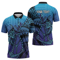 Personalised Polynesia Blue Marlin Fishing Zipper Polo Shirt Marlin Anchor Tattoo Polynesian Pattern
