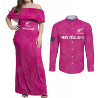 Custom New Zealand Silver Fern Rugby Couples Matching Off Shoulder Maxi Dress and Long Sleeve Button Shirt Go Aotearoa - Pink Version LT14 Pink - Polynesian Pride