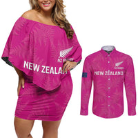 Custom New Zealand Silver Fern Rugby Couples Matching Off Shoulder Short Dress and Long Sleeve Button Shirt Go Aotearoa - Pink Version LT14 Pink - Polynesian Pride