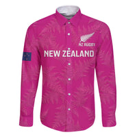 Custom New Zealand Silver Fern Rugby Family Matching Off The Shoulder Long Sleeve Dress and Hawaiian Shirt Go Aotearoa - Pink Version LT14 Dad's Shirt - Long Sleeve Pink - Polynesian Pride