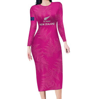 Custom New Zealand Silver Fern Rugby Long Sleeve Bodycon Dress Go Aotearoa - Pink Version LT14 Long Dress Pink - Polynesian Pride