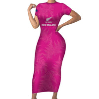 Custom New Zealand Silver Fern Rugby Short Sleeve Bodycon Dress Go Aotearoa - Pink Version LT14 Long Dress Pink - Polynesian Pride