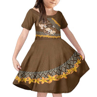 Personalised Tonga Language Week Family Matching Long Sleeve Bodycon Dress and Hawaiian Shirt Malo e Lelei Tongan Ngatu Pattern - Brown LT14 Daughter's Dress Brown - Polynesian Pride