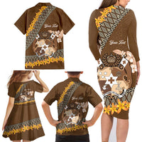 Personalised Tonga Language Week Family Matching Long Sleeve Bodycon Dress and Hawaiian Shirt Malo e Lelei Tongan Ngatu Pattern - Brown LT14 - Polynesian Pride