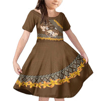 Personalised Tonga Language Week Family Matching Mermaid Dress and Hawaiian Shirt Malo e Lelei Tongan Ngatu Pattern - Brown LT14 Daughter's Dress Brown - Polynesian Pride