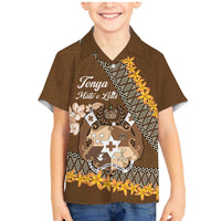 Personalised Tonga Language Week Family Matching Mermaid Dress and Hawaiian Shirt Malo e Lelei Tongan Ngatu Pattern - Brown LT14 Son's Shirt Brown - Polynesian Pride