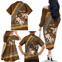 Personalised Tonga Language Week Family Matching Off The Shoulder Long Sleeve Dress and Hawaiian Shirt Malo e Lelei Tongan Ngatu Pattern - Brown LT14 - Polynesian Pride