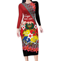 Personalised Tonga Language Week Family Matching Long Sleeve Bodycon Dress and Hawaiian Shirt Malo e Lelei Tongan Ngatu Pattern - Red LT14 Mom's Dress Red - Polynesian Pride