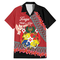 Personalised Tonga Language Week Family Matching Mermaid Dress and Hawaiian Shirt Malo e Lelei Tongan Ngatu Pattern - Red LT14 Dad's Shirt - Short Sleeve Red - Polynesian Pride