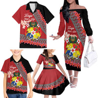 Personalised Tonga Language Week Family Matching Off The Shoulder Long Sleeve Dress and Hawaiian Shirt Malo e Lelei Tongan Ngatu Pattern - Red LT14 - Polynesian Pride