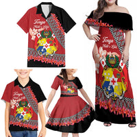 Personalised Tonga Language Week Family Matching Off Shoulder Maxi Dress and Hawaiian Shirt Malo e Lelei Tongan Ngatu Pattern - Red LT14 - Polynesian Pride