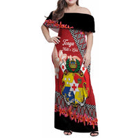 Personalised Tonga Language Week Family Matching Off Shoulder Maxi Dress and Hawaiian Shirt Malo e Lelei Tongan Ngatu Pattern - Red LT14 Mom's Dress Red - Polynesian Pride