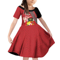 Personalised Tonga Language Week Family Matching Off Shoulder Short Dress and Hawaiian Shirt Malo e Lelei Tongan Ngatu Pattern - Red LT14 Daughter's Dress Red - Polynesian Pride