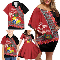 Personalised Tonga Language Week Family Matching Off Shoulder Short Dress and Hawaiian Shirt Malo e Lelei Tongan Ngatu Pattern - Red LT14 - Polynesian Pride