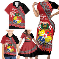 Personalised Tonga Language Week Family Matching Short Sleeve Bodycon Dress and Hawaiian Shirt Malo e Lelei Tongan Ngatu Pattern - Red LT14 - Polynesian Pride