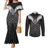 Kia Kaha Te Reo Maori Couples Matching Mermaid Dress and Long Sleeve Button Shirt Aotearoa Hei Tiki With Hongi LT14 Black - Polynesian Pride