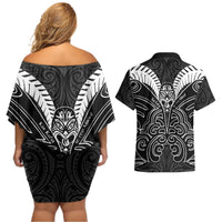 Kia Kaha Te Reo Maori Couples Matching Off Shoulder Short Dress and Hawaiian Shirt Aotearoa Hei Tiki With Hongi LT14 - Polynesian Pride