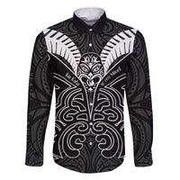 Kia Kaha Te Reo Maori Family Matching Off The Shoulder Long Sleeve Dress and Hawaiian Shirt Aotearoa Hei Tiki With Hongi LT14 Dad's Shirt - Long Sleeve Black - Polynesian Pride
