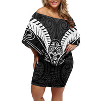Kia Kaha Te Reo Maori Off Shoulder Short Dress Aotearoa Hei Tiki With Hongi LT14 Women Black - Polynesian Pride