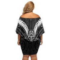 Kia Kaha Te Reo Maori Off Shoulder Short Dress Aotearoa Hei Tiki With Hongi LT14 - Polynesian Pride