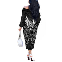 Kia Kaha Te Reo Maori Off The Shoulder Long Sleeve Dress Aotearoa Hei Tiki With Hongi LT14 - Polynesian Pride