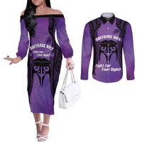 Personalised New Zealand Suffrage Day Couples Matching Off The Shoulder Long Sleeve Dress and Long Sleeve Button Shirt Maori Tattoo Galaxy Vibe LT14 Purple - Polynesian Pride
