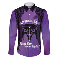 Personalised New Zealand Suffrage Day Family Matching Off The Shoulder Long Sleeve Dress and Hawaiian Shirt Maori Tattoo Galaxy Vibe LT14 Dad's Shirt - Long Sleeve Purple - Polynesian Pride
