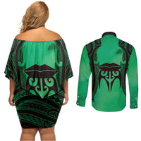 Personalised Moko Kauae New Zealand Couples Matching Off Shoulder Short Dress and Long Sleeve Button Shirt Maori Chin Tattoo Green LT14 - Polynesian Pride
