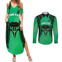 Personalised Moko Kauae New Zealand Couples Matching Summer Maxi Dress and Long Sleeve Button Shirt Maori Chin Tattoo Green LT14 Green - Polynesian Pride