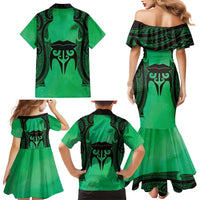 Personalised Moko Kauae New Zealand Family Matching Mermaid Dress and Hawaiian Shirt Maori Chin Tattoo Green LT14 - Polynesian Pride