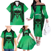 Personalised Moko Kauae New Zealand Family Matching Off The Shoulder Long Sleeve Dress and Hawaiian Shirt Maori Chin Tattoo Green LT14 - Polynesian Pride