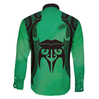 Personalised Moko Kauae New Zealand Family Matching Off The Shoulder Long Sleeve Dress and Hawaiian Shirt Maori Chin Tattoo Green LT14 - Polynesian Pride