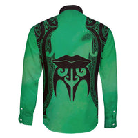 Personalised Moko Kauae New Zealand Family Matching Off Shoulder Maxi Dress and Hawaiian Shirt Maori Chin Tattoo Green LT14 - Polynesian Pride