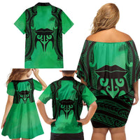 Personalised Moko Kauae New Zealand Family Matching Off Shoulder Short Dress and Hawaiian Shirt Maori Chin Tattoo Green LT14 - Polynesian Pride