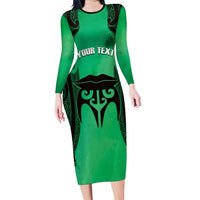 Personalised Moko Kauae New Zealand Long Sleeve Bodycon Dress Maori Chin Tattoo Green LT14 Long Dress Green - Polynesian Pride